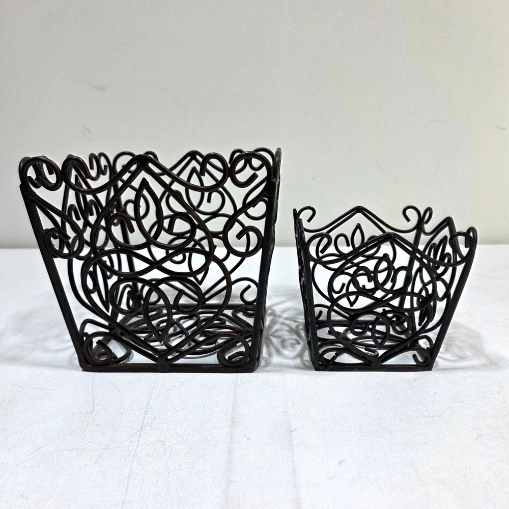 Wire Basket Farmhouse Set S/M Brown Scrollwork Wrought Iron Decor Chic Storage